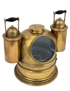 An antique English naval wet compass in brass case with original removable lanterns, retailed by CARL WERNER & Co. Melbourne, 19th/20th century, 36cm high overall.