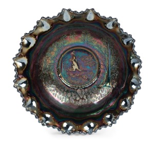 CROWN CRYSTAL "Kangaroo" cobalt carnival glass master bowl, 8cm high, 24cm wide.