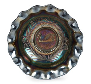 CROWN CRYSTAL "Swan" cobalt carnival glass master bowl, 8cm high, 24.5cm wide.