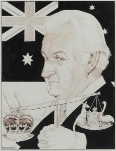 SPOONER original cartoon artwork depicting SIR JOHN KERR and The Dismissal, signed lower left "Spooner", 34 x 26cm, 42 x 33cm overall.