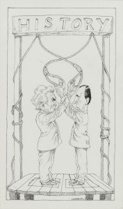 SPOONER "History" original cartoon artwork depicting BOB HAWKE and PAUL KEATING on the gallows, signed lower right "Spooner", ​​​​​​​33 x 20cm, 46 x 31cm overall.