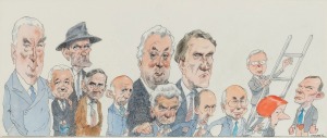 SPOONER original cartoon artwork, ink and coloured watercolour, depicting thirteen Australian prime ministers, signed lower right "Spooner", 23 x 54cm, 34 x 63cm overall.