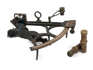 An antique sextant in original fitted box with accessories, stamped "Hayes Brothers, Barry Docks", 19th century, the case 28cm wide.