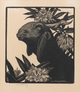 LIONEL LINDSAY (1874-1961), Goat and Rhododendrons, woodblock, signed lower left "Lionel Lindsay", 21 x 18cm, 37 x 32cm overall.