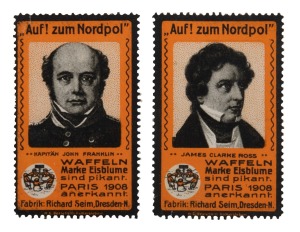 NORTH POLE EXPLORERS: 1908 Richard Seim, Dresden, advertising labels, each headed "Auf! zum Nordpol" and each depicting a different Expedition leader - Ross, Peary, Franklin, Nordenskjold, Nansen and Parry. Extremely rare. (6).