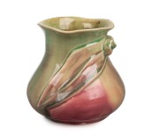 REMUED pink and green glazed pottery vase with applied gumnuts and leaf, ​​​​​​​incised "Remued", 12.5cm high.