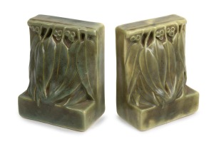 MELROSE WARE green glazed pottery bookends with gumnuts and gum leaf decoration, stamped "Melrose Ware, Australian", 14.5cm high.