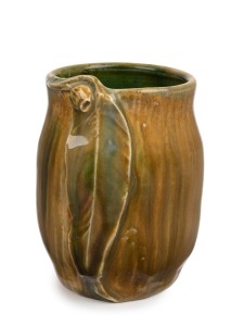 PHILIPPA JAMES green glazed pottery vase with applied gumnut and leaf decoration, incised "Philippa James", 10.5cm high.