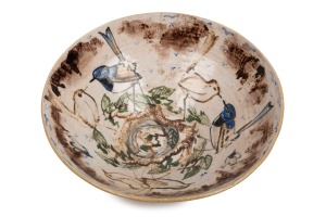 ARTHUR MERRIC BOYD and NEIL DOUGLAS pottery fruit bowl with rare fairy wren decoration, signed "Arthur Merric Boyd, N.D., 1946", 10cm high, 26cm diameter.
