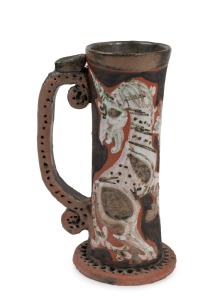 DAVID & HERMIA BOYD pottery tankard with armorial style hand-painted decoration, incised "D. + H. Boyd", 20.5cm high.