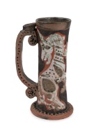 DAVID & HERMIA BOYD pottery tankard with armorial style hand-painted decoration, incised "D. + H. Boyd", 20.5cm high.