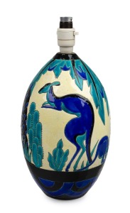 BOCH FRERES KERAMIS stunning Belgium Art Deco porcelain table lamp base decorated with kangaroos in landscape, circa 1920s, stamped "KERAMIS, MADE IN BELGIUM", 38cm high.