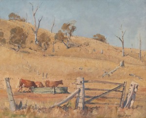 ROBERT JOHNSON (1890-1964), Graham's Gate, Kyogle, oil on board, signed lower right "Robert Johnson", titled verso with 40 guinea price tag, 37 x 44cm, 51 x 58cm overall.