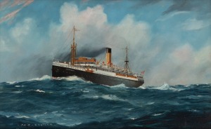 JOHN ALLCOTT (active in Sydney c1911), T.S.S. Warilda, oil on board, signed lower left "J.A.", inscription verso detailing the vessels history including wartime action, ​​​​​​​27 x 43cm, 43 x 59cm overall.