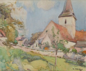 DAVID DAVIES (1864-1939), (Dieppe scene with church), watercolour, signed lower right "D. Davies", 30.5 x 37cm, 52 x 57cm overall.