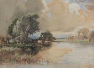 WILLIAM ASHTON (British, 1857-1927), Cattle..., gouache on paper, signed lower right "W. Ashton", remains of paper label verso with title only partially legible, 20 x 26.5cm, 38 x 46cm overall.