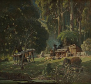 ROBERT TAYLOR-GHEE (1869-1951), Campsite, 1891, oil on board, signed lower left "R. E Taylor Ghee, '91", titled on label verso, 30 x 33cm, 52 x 55cm overall.
