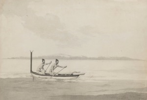 JOHN WEBBER (1752 - 1793), "Mony ne nou ne neva, name of this Island", pen and wash, titled in margin at lower left, signed and dated "Jno. Webber del. 1777" lower right; the paper watermarked "IHS I VILLEDARY", the image 32 x 47cm; framed 50.5 x 63cm. P