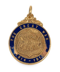 ALICE BLONDELL TAPP - AUSTRALIAN ARMY NURSING SERVICE: a gold and enamel fob (15ct, 10.6gm), the front inscribed "THE GREAT WAR - 1914 - 1919 / NOORAT & KOLORA"; the reverse engraved "Presented by the Residents of NOORAT & KOLORA to SISTER A.B. TAPP For D