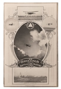 AUSTRALIAN FLYING CORPS, PALESTINE 1918: A photomontage depicting planes in flight and a view of Ramleh, which was intended to accompany Christmas cards sent by members of the A.F.C. to their families in Australia; 12 x 7.5cm. Extremely rare, the only exa