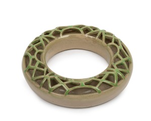 KLYTIE SLATER (PATE) pierced pottery flower ring with green glazed top, early example crafted before her marriage and subsequent change of name, incised "Klytie Slater, 1936" with additional incised monogram in cartouche, 4cm high, 18.5cm diameter.