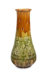 VICTORIA ART POTTERY green and yellow glazed pottery vase, by WILLIAM FERRY, 34cm high.
