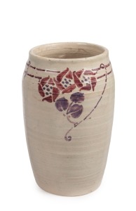OXSHOTT cream glazed pottery vase with hand-painted floral frieze, incised "Oxshott" and signed "D. K. WREN", 16.5cm high.