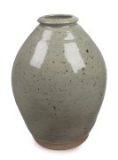 PETER RUSHFORTH celadon pottery jar, with impressed seal mark to the lower edge and remains of original label, 20.5cm high.