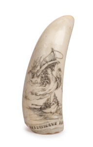 GARY TONKIN vintage Australian whale's tooth with whaling scene, titled "LEVIATHANS REVENGE", signed lower right "G. Tonkin", 11.5cm high.