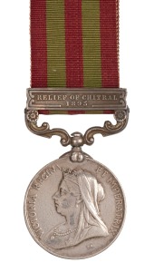 BRITISH: QUEEN VICTORIA INDIA MEDAL 1895-1902, silver, with clasp RELIEF OF CHITRAL 1895; engraved to "634 Sepoy Birbal 37th Bl. Infy." The 37th (Dogra) Bengal Infantry, later known as the 37th Dogras, was a key regiment of the British Indian Army that p