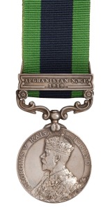 BRITISH: KGV (Kaisar-I-Hind) INDIA MEDAL, silver, with clasp for "AFGHANISTAN N.W.F. 1919" impressed to "110212 GNR H BULLEY, R G A" During the Third Anglo-Afghan War in 1919, the Royal Garrison Artillery (RGA) provided heavy and mountain artillery sup