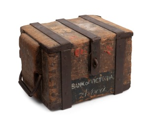 BANK OF VICTORIA "AVOCA" original cedar and iron bound bullion strong box, circa 1855, 22cm high, 37cm wide, 27cm deep.