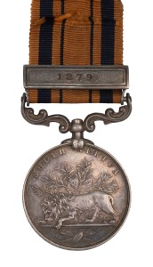 The SOUTH AFRICA MEDAL (ANGLO-ZULU WAR), 1879, with clasp and original mount, named to D. GALLERFING. ORD. H.M.S. TENEDOS. HMS Tenedos (1870) was a wooden Eclipse-class screw sloop launched in 1870. She was rated as a corvette from 1875 and was sold in