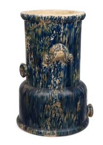 JAMES CAMPBELL & SONS rare Colonial pottery water filter with lion mask handles and mottled blue glaze, impressed oval factory mark "JAMES CAMPBELL & SONS, BRISBANE, ALBION POTTERY WORKS". Note: Missing lid and internal filter block damaged but present. 40cm high.
