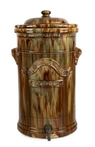 BENDIGO POTTERY "The Abbott Filter" Colonial pottery water filter in mottled brown and green glaze, 56cm high.