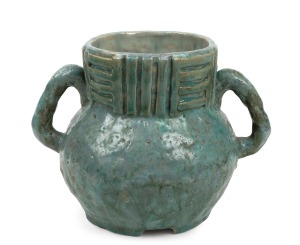 JOLLIFF green glazed two handled pottery vase with applied frieze, incised "Hand Built, Jolliff, 1936, F.E.C.", 17.5cm high.
