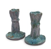 JOLLIFF rare pair of pottery candlesticks with applied leaf decoration, glazed in turquoise and mauve, incised "Hand Built, Jolliff, 1950", 10cm high.