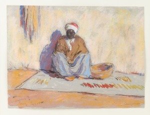 ROBERT CAMPBELL (1902-1972), The Carpet Seller, Suez, Egypt, pastel, signed lower right "Robert Campbell" and titled lower left, with "Seddon Galleries" label verso, Thomas Whitelaw Framing label affixed verso, 15 x 19.5cm, 43 x 46cm overall.