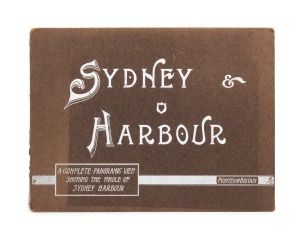 "SYDNEY & HARBOUR, A Complete Panoramic View Showing The Whole Of Sydney Harbour" circa 1900; Oblong in original brown boards with white title to front cover. Photographic black and white view of Sydney and Harbour measuring 260 x 21.5cm folded concertina