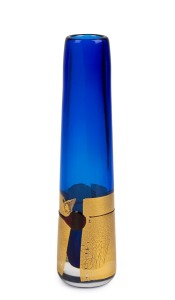 SEAN O'DONOHUE blue art glass vase with gold overlay and applied hot glass decoration, impressed mark to base, 22cm high.