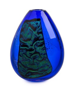 PAUL DELANEY Australian blue art glass vase with silver and gold foil inclusions, engraved "Paul Delaney", 19.5cm high.