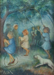 JOYCE MEIER (1917 - 2015), (children in the park), oil on board, signed lower left "Meier", 37 x 27cm, 48 x 38cm overall.