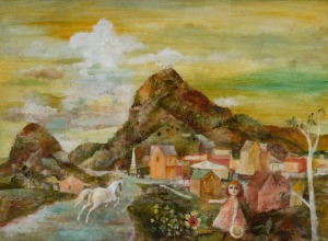 CEDRIC ARTHUR FLOWER (1920-2000), (town scene with girl and horse), oil on board, signed lower right "Cedric Flower", 45 x 60cm, 60 x 76cm overall.