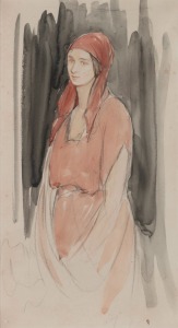 ARTIST UNKNOWN, (portrait of a lady in red), watercolour, signed lower centre "Burlington(?)", 60 x 33cm, 82 x 53cm overall.