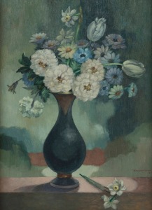 ADRIAN FEINT (1894-1971), (still life with flowers), oil on board, signed lower right "Adrian Feint, '62", 39 x 28cm, 56 x 46cm overall.