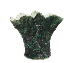 MERRIC BOYD green glazed pottery vase with vine leaf decoration, incised "Merric Boyd", 18cm high, 21cm wide.
