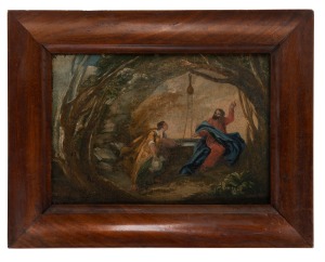 ARTIST UNKNOWN, (Jesus at the well), oil on canvas, housed in a fine quality antique Australian cedar frame, ​​​​​​​24 x 35cm, 38 x 48.5cm overall.