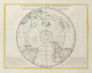 EMISFERO TERRESTRE MERIDIONALE antique hand-coloured map of the southern hemisphere, showing an incomplete Australian coastline, attractively presented in an antique Australian cedar and huon pine frame, 77 x 93cm overall.