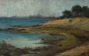 ARTIST UNKNOWN, (Melbourne from across the bay), oil on board, signed lower right "J. H., 1880(?)". 40 x 60cm, 65 x 86cm overall.