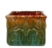 JOHN CAMPBELL rare square form green and yellow glazed pottery trough with leaf decoration, incised "John Campbell, Launceston, Tasmania, R.S.", ​​​​​​​18cm high, 23cm wide, 23cm deep.